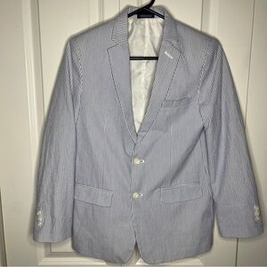 Izod Boys Size 16R Seersucker Blazer Blue White Striped 100% Cotton Lightweight